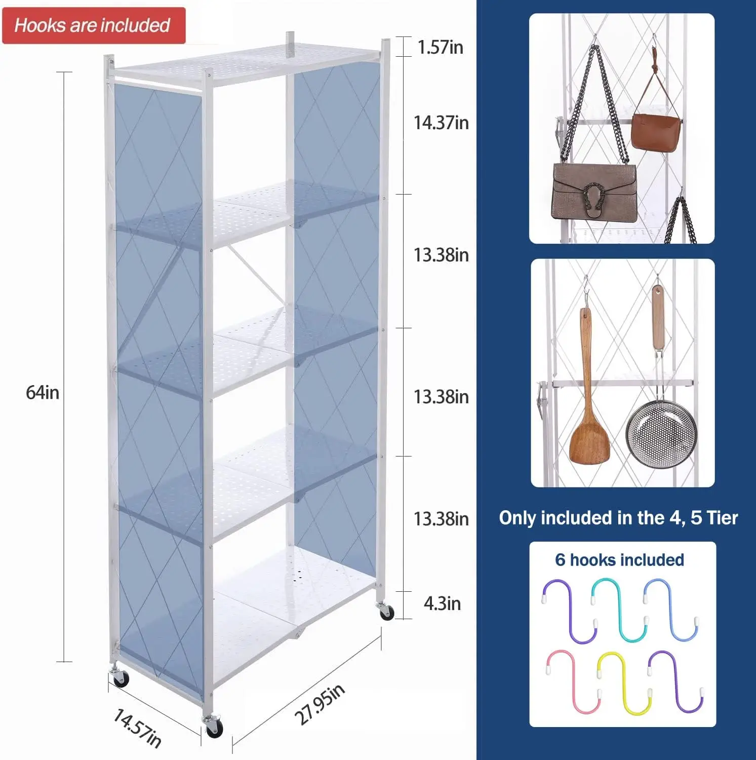 Letusto Foldable Collapsible Shelf With Wheels & Breaks - Folding Shelf Heavy Duty Metal Frame Pantry Shelving Unit - Origami