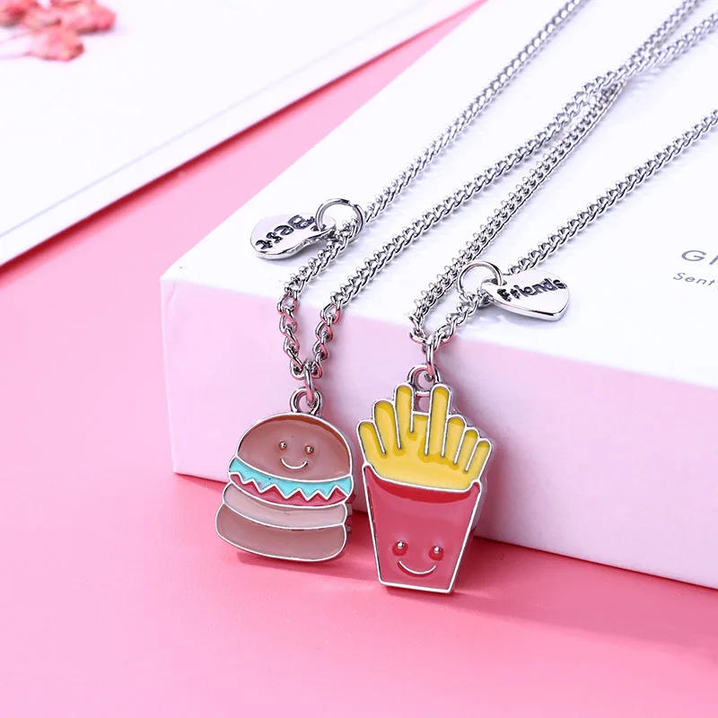 Lovecryst 2Pcs/set Cartoon Drip Oil Hamburg French Fries Alloy Pendant Best Friend Necklace BFF Friendship Jewelry Gifts for Kid