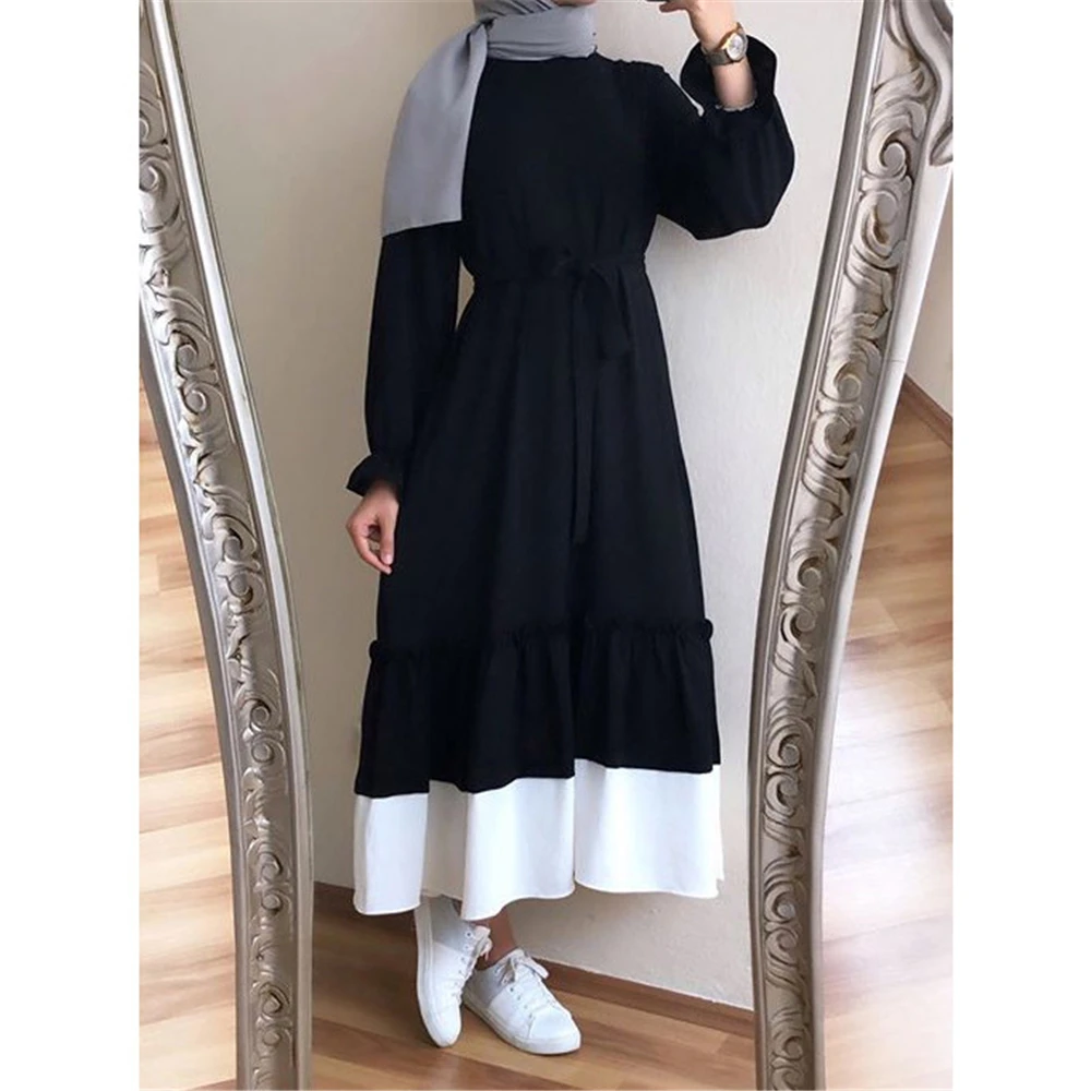 Modesto casual moda feminina muçulmano babados vestido de manga longa turquia árabe islam roupas dubai festa ramadan vestido robes