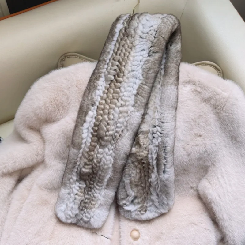 Genuine Rabbit Fur Scarf Natural Amber Color Simple Warm Fur Scarf Double-sided Knitted Thick Neck Warmer Coat Hood Fur Decor