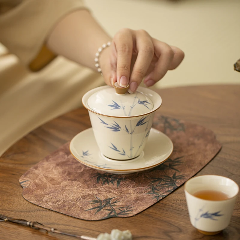 150ml Hand-painted Persimmon Bamboo Cover Bowl Household Anti Scald Gaiwan Handmade Tea Tureen Tea Making Tea Cup Tea Items