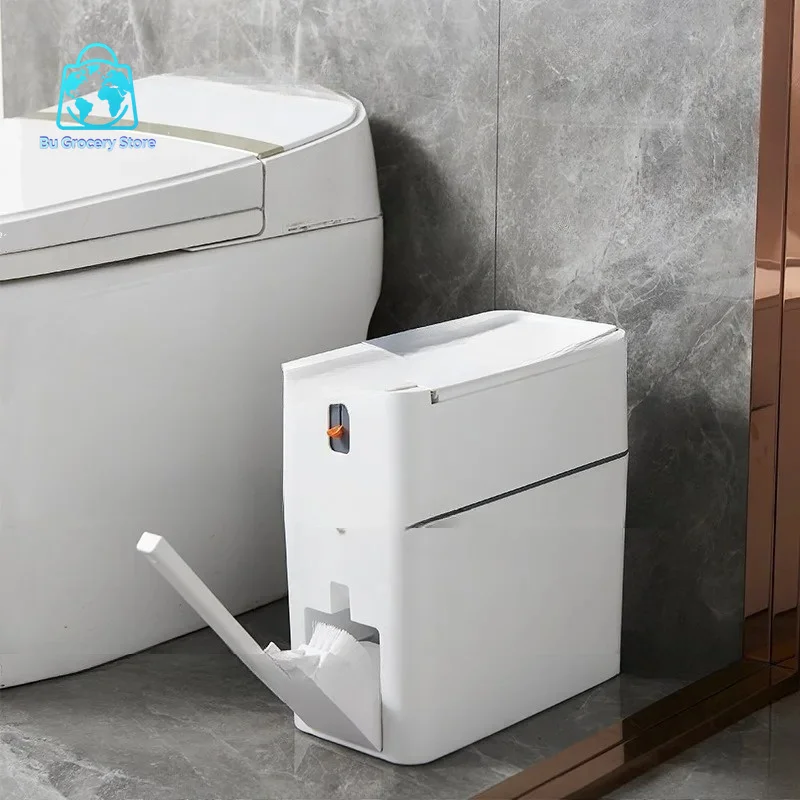Household Narrow Gap Garbage Bin With Lid Pull Rope Automatic Bagging Trash Can With Toilet Brush