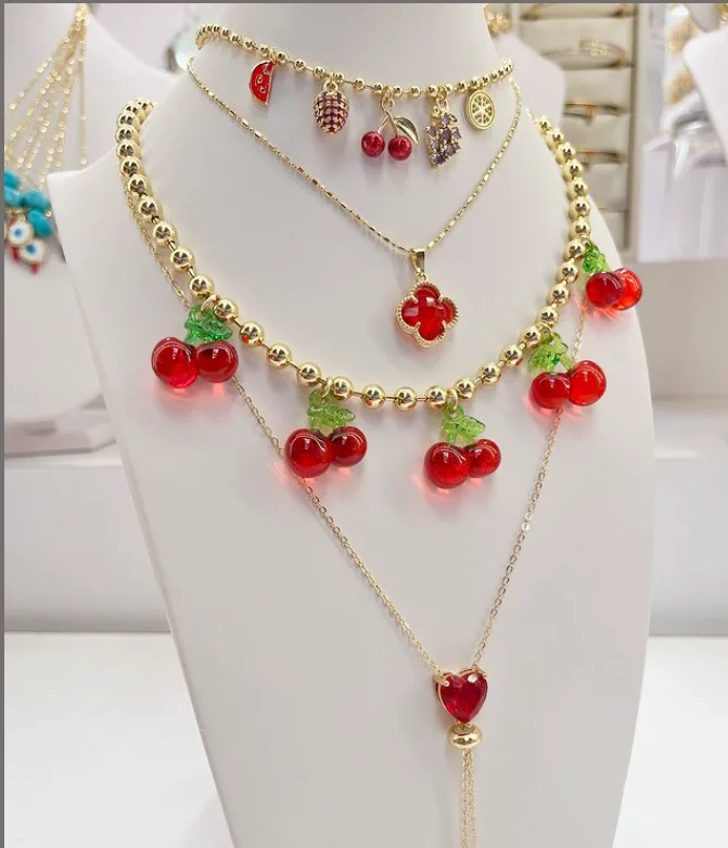 Fashion Cherry Pendant Necklaces Fruit Choker For Women Cute Clavicle Chain Jewelry Accessory