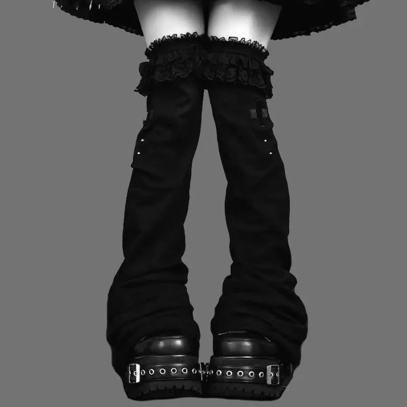 Japanese Gothic Y2K Thigh High Sock Dark Patchwork Lolita Lace Wide Leg Socks Mine Series Cross Subculture Over Knee Leg Warmer