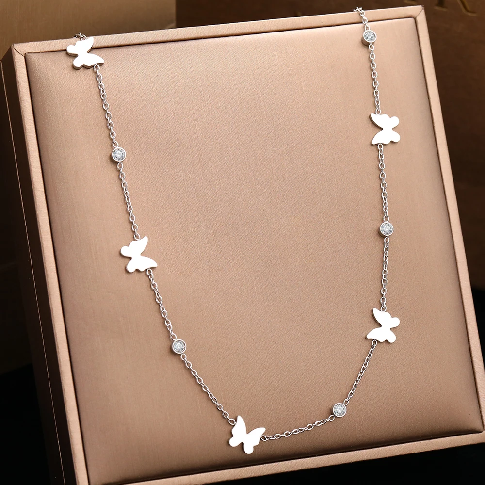 Stainless Steel Necklaces Vintage Butterfly Crystal Zircon High-end Sense Choker Chain Creative Necklace For Women Jewelry Gift