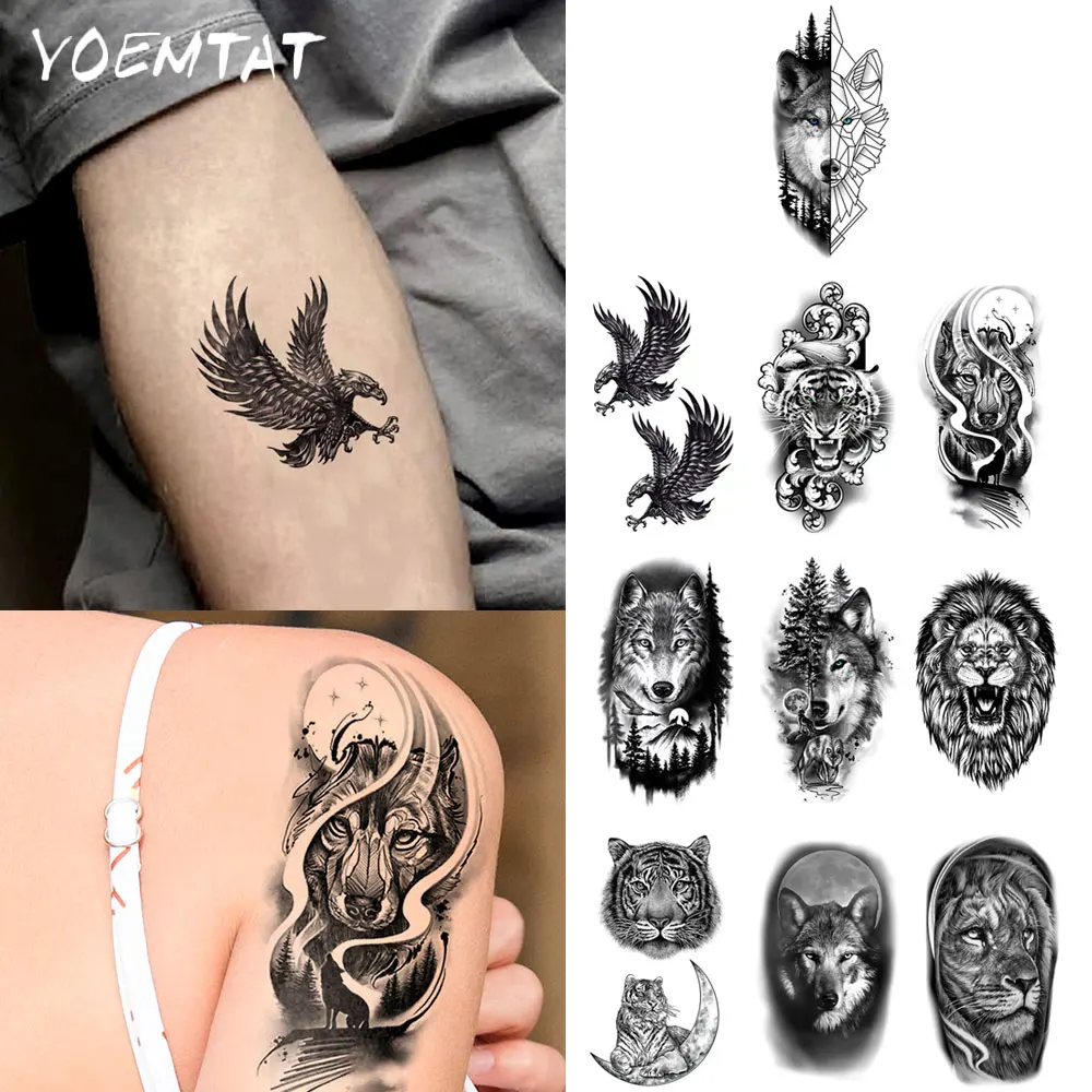 10pcs Waterproof Temporary Tattoo Sticker Wolf Lion Tiger Eagle Small Animal Body Art Arm Fake Tatto Sleeve Women Men Hand Wrist