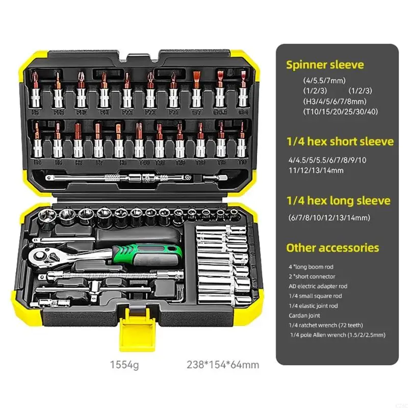 53Pcs 1/4 Inches Ratcheting Sockets Wrenches Extension Bar Set for Automotive Repairs and Home Projects C7AC
