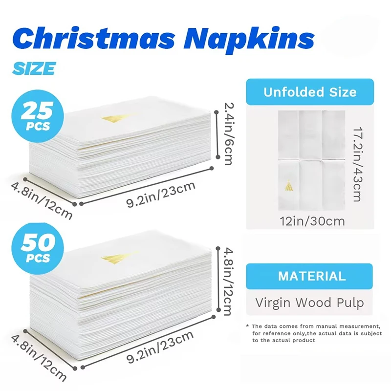 25/50Pcs Christmas Tree Gold Foil Linen Feel Dinner Napkins, Disposable Paper Napkin Hand Towel for Holiday Party Decor Supplies