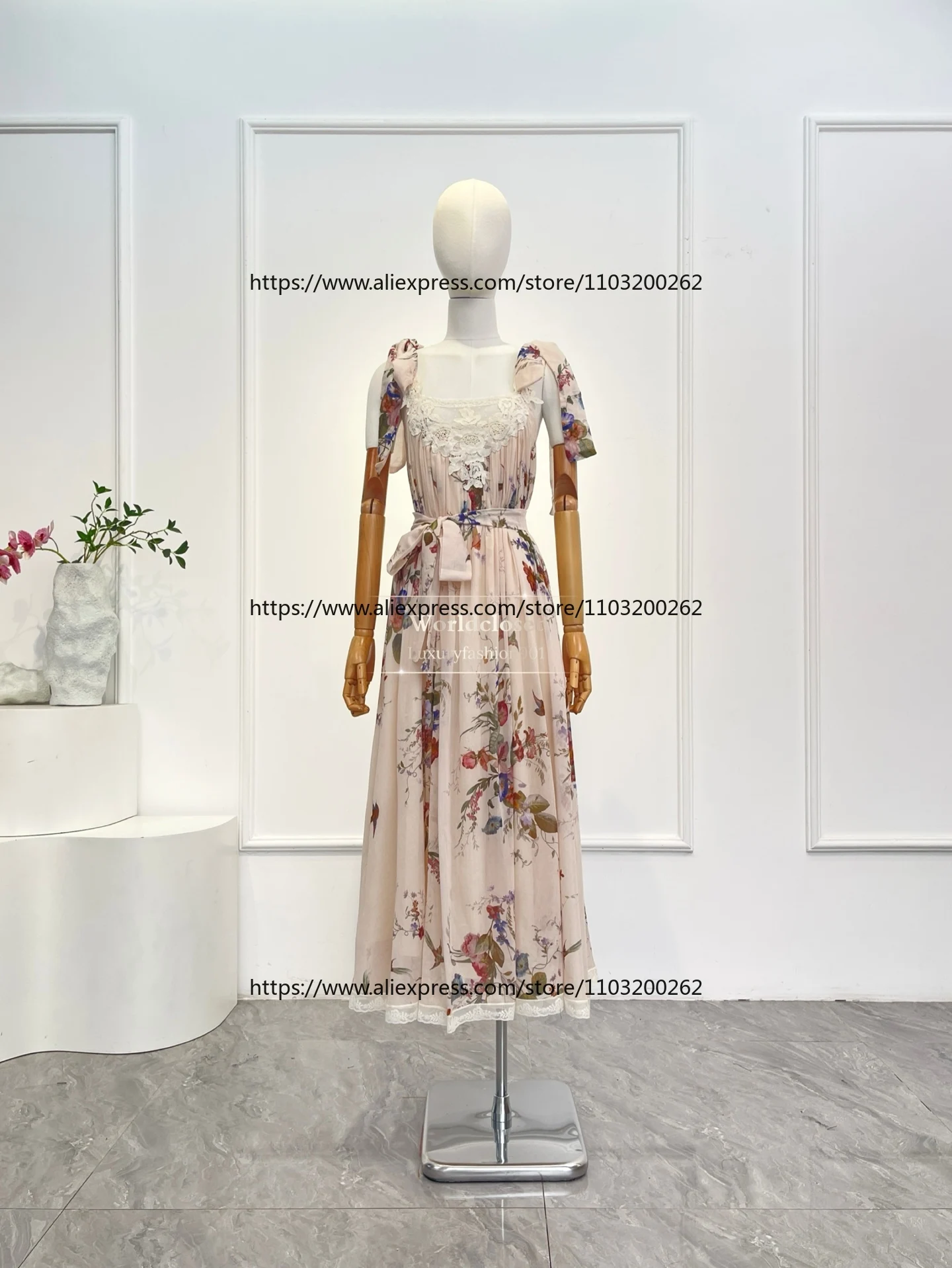 

2026 New Spring Summer High Quality White Vanilla Color Floral Print Lace Patchwork Backless Midi Dress for Holiday