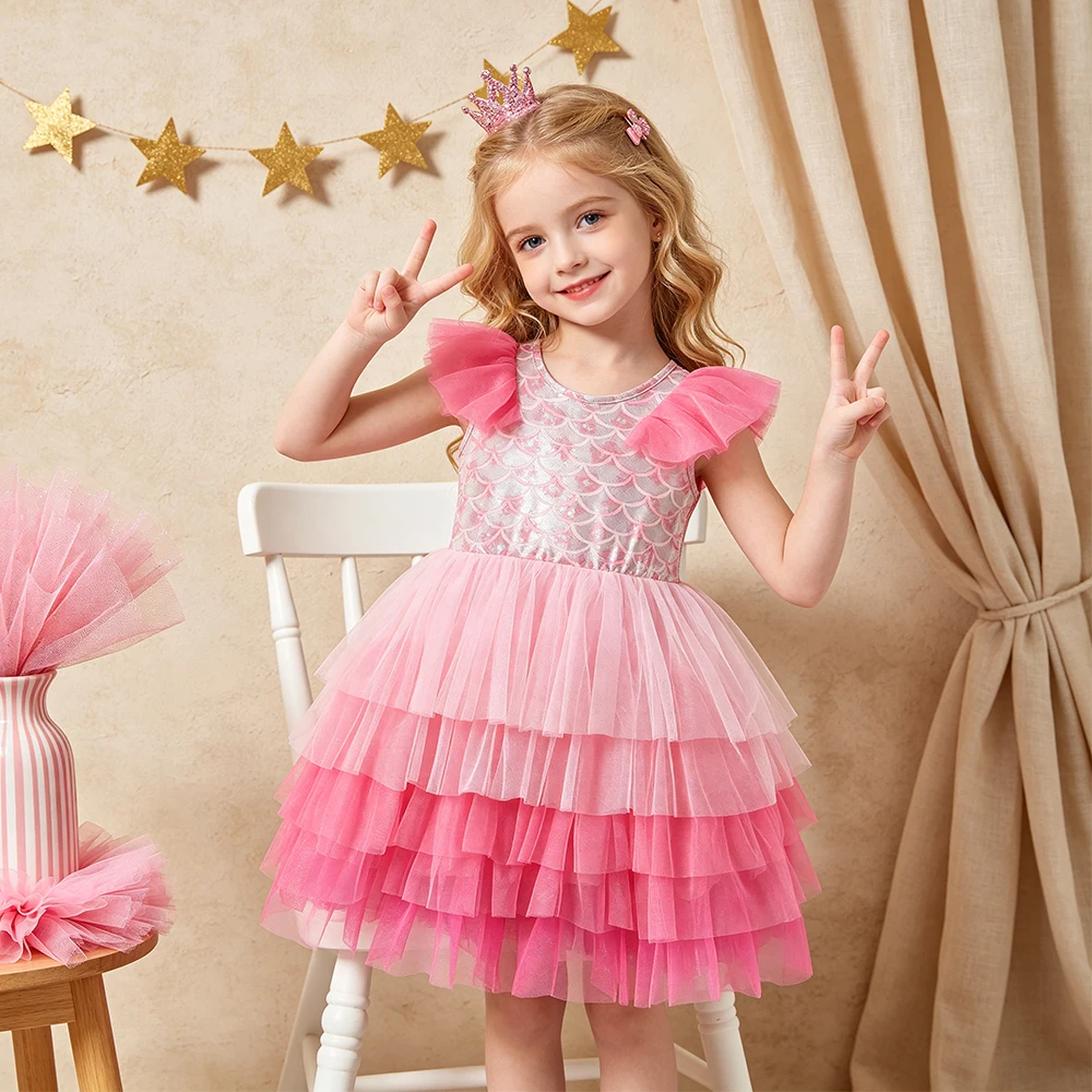 DXTON Ärmelloses Baby-Mädchenkleid, Netzstoff, gerüscht, Sommer-Partykleid für Kinder, Kleidung, Farbverlauf, mehrlagiges Netz-Prinzessinnen-Tüllkleid – Detail 3
