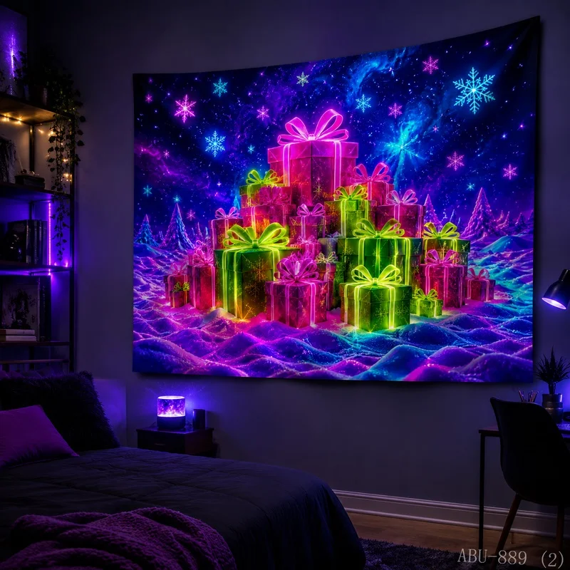 VIKAMA Gift Box Christmas Blacklight UV Reactive Glow Tapestry Wall Hanging, Wall Art for Bedroom Dorm Party Game Room Bar Decor