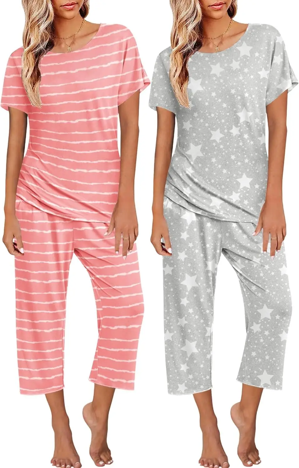 عبوتان: ملابس نوم نسائية بأكمام قصيرة وسراويل كابري طقم باما مطبوع عليه Pjs #1