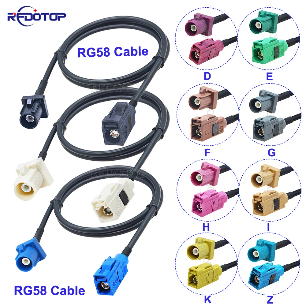1 peça código de cabo rg58 fakra a/b/c/d/f/g/h/i/k/z plugue macho para conector fêmea fakra chicote de fios fakra rg58 jumper cabo automático