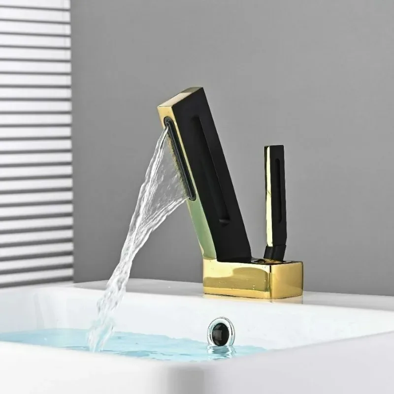 Bathroom Waterfall Faucet Waterfall Basin Single Handle Cold and Hot Water Mixer Tap Solid Brass Hollowed Out Sink Water Tap