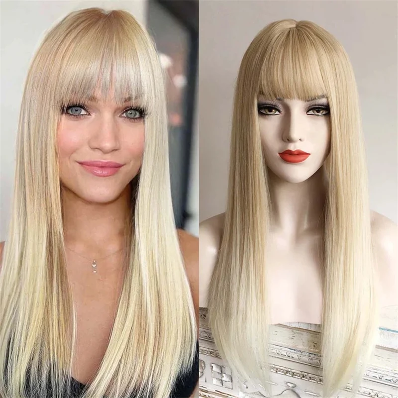 Ombre Platinum Blonde HD Transparent Lace Front Wig With Bangs Glueless Synthetic Wigs Pre Plucked Straight Synthetic Lace Wig