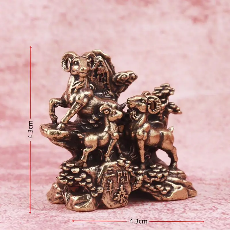 Vintage Brass Three Goat Figurine With Exquisite Carved: Details Auspicious Fengshui Home Office Desktop