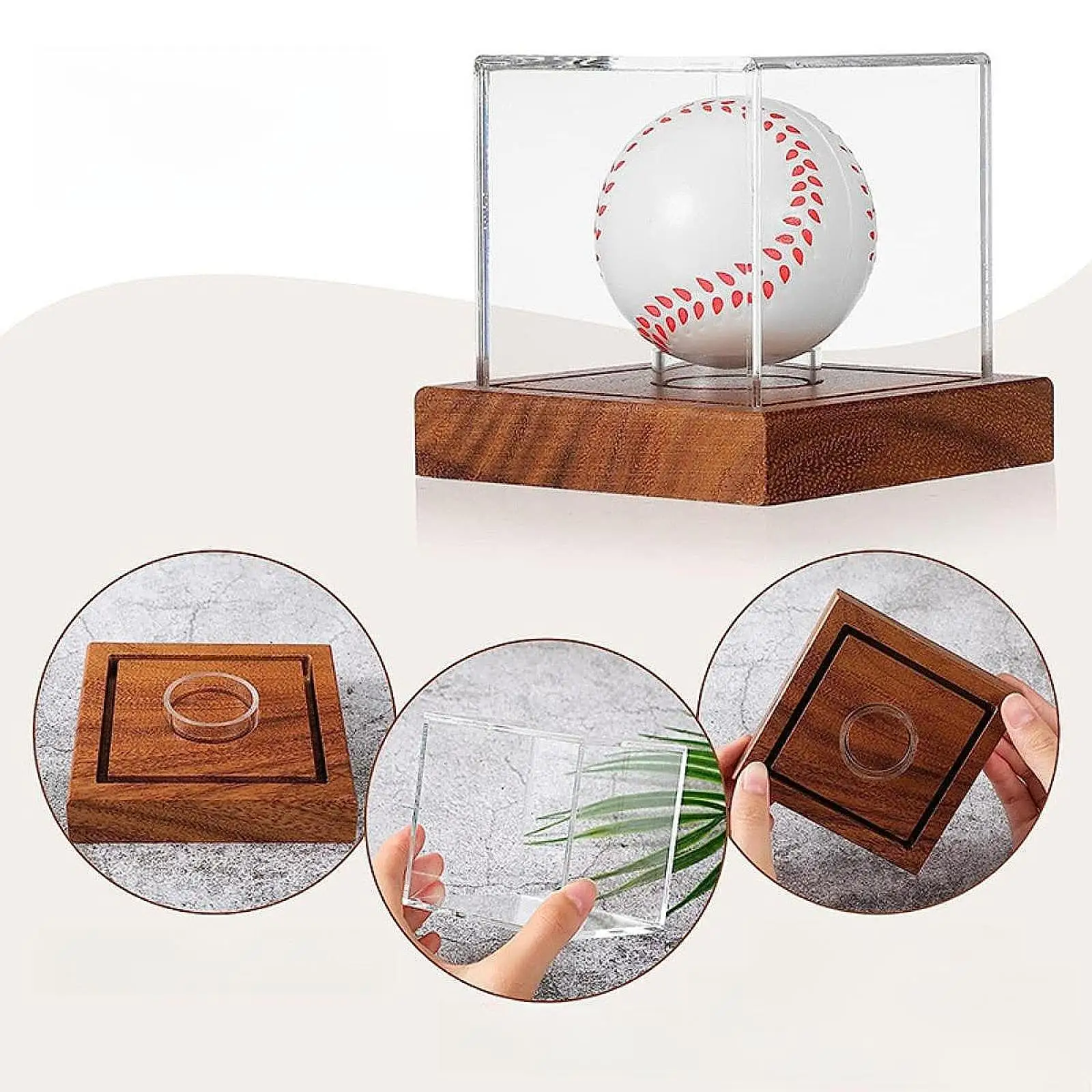 Display Baseball kotak Baseball, penyimpan pelindung bola tanda tangan dengan basis kayu, perlindungan tahan debu, pemegang Baseball