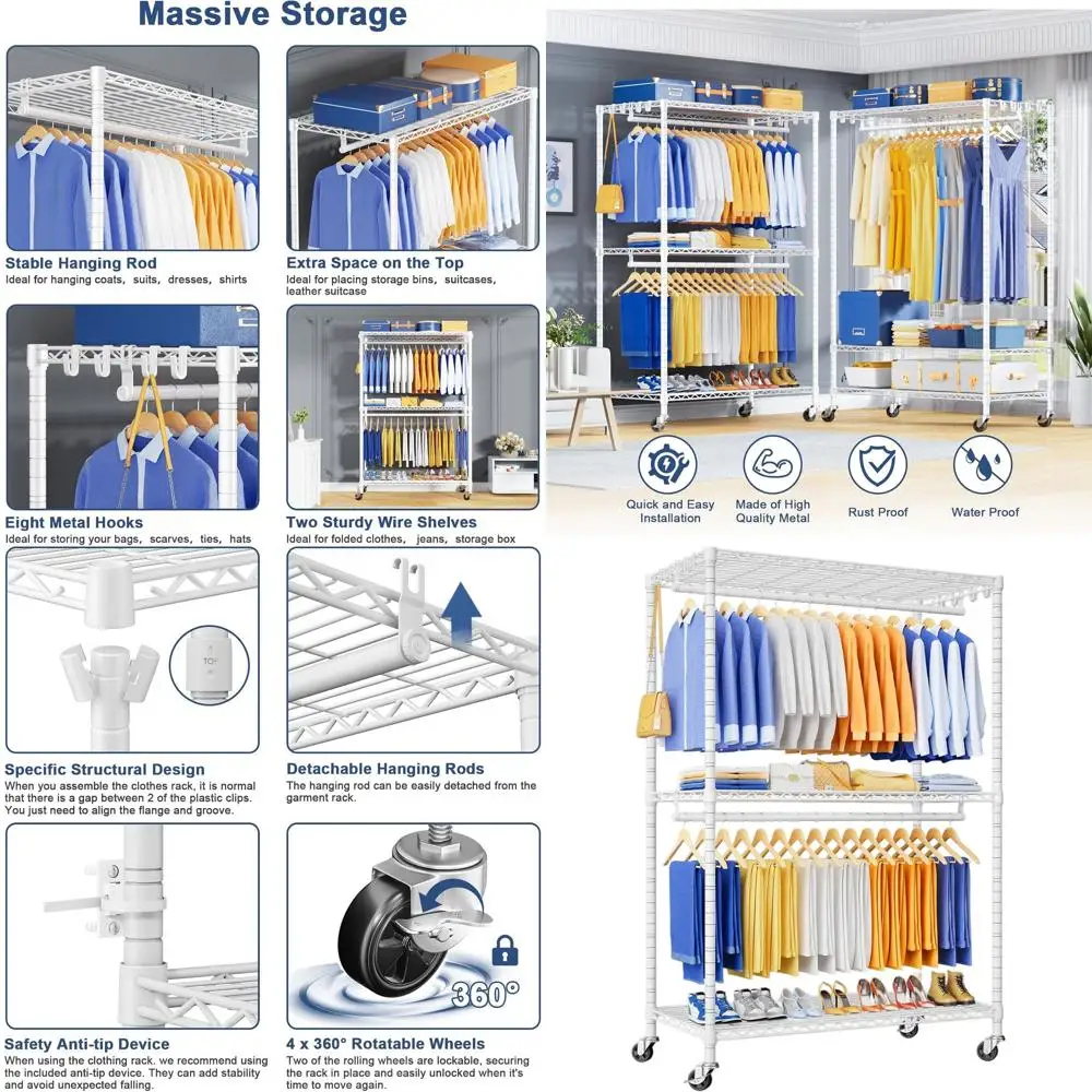 

Extended Width Rolling Clothing Rack, Portable Garment Stand with Lockable Wheels, White, 51.2W x 15.8D x 80.5H, Max Load 700LBS