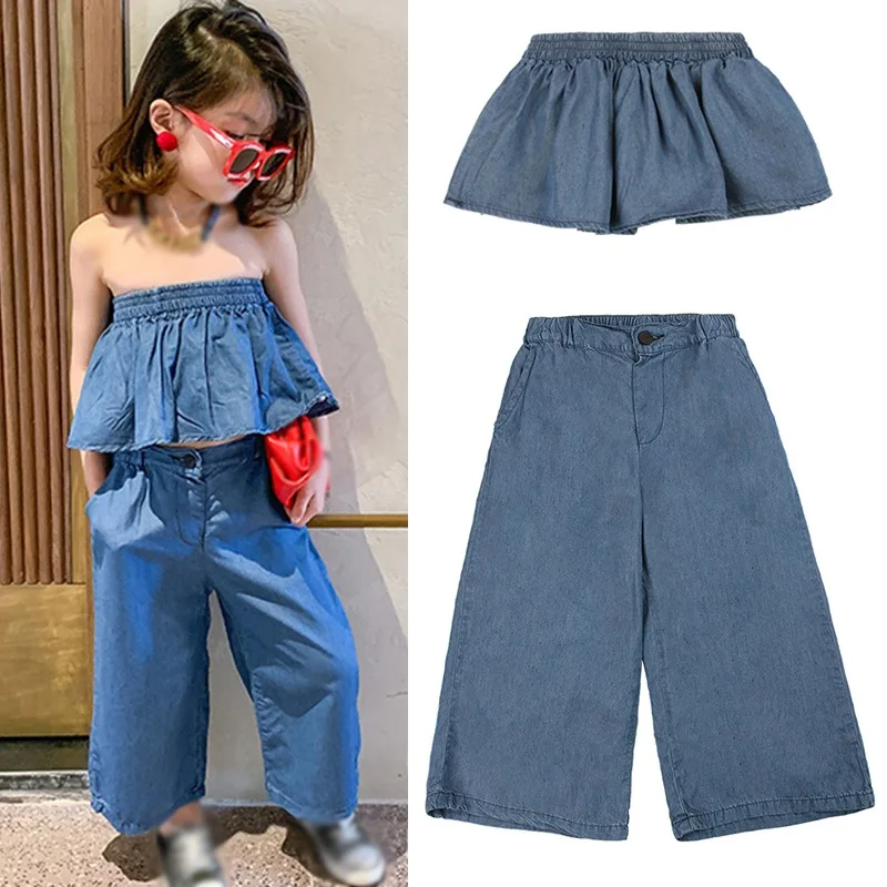 Summer Fashion Baby Girls Cotton Blue Cropped Elastic Ruffled Strapless Tops + Loose Pant Sets Kids 2 Pieces Outfits 2-8 Years