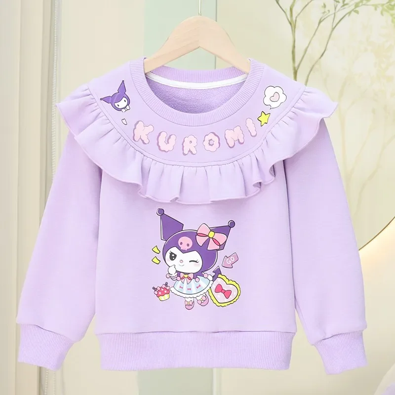 Sweet Kawaii Kuromi Anime Sanrio Ins Long Sleeve Shirt Pants Set Cute Cartoon My Melody Fleece Hooded Clothing Gifts for Kids