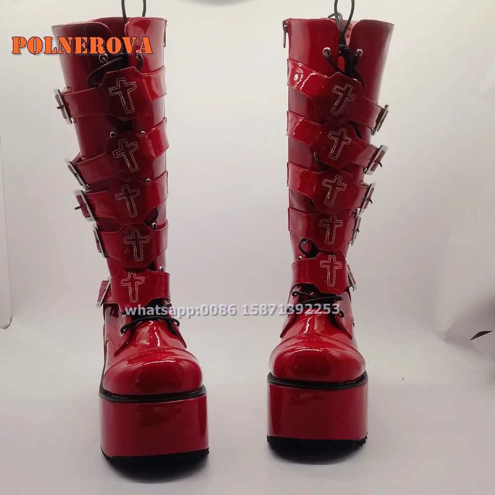 Platform Belt Buckle Zipper Red Knee High Boots Round Toe Chunky Heels Cross Tied Punk Motorcycle Boots Plus Size 2024 Trend