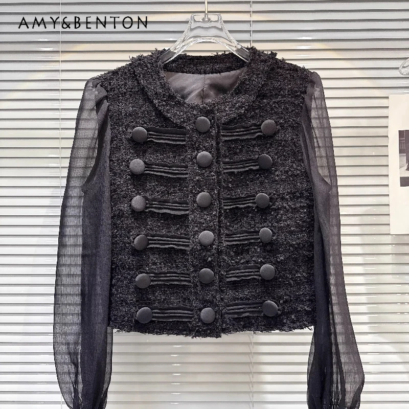 

2026 Spring Women's Coat Fashion Original Design Black Embroidered Ribbed Button Mesh Sleeve Splicing Short Jacket Top Ladies