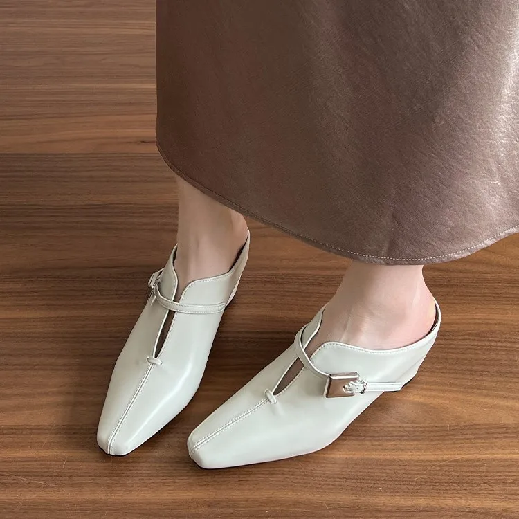 Mary Jane Loafers Women's Shoes Summer Outdoor Wear Metal Cap Toe Flat Square Female Lazy Slip-On Pumps Comfortable Muller Shoes