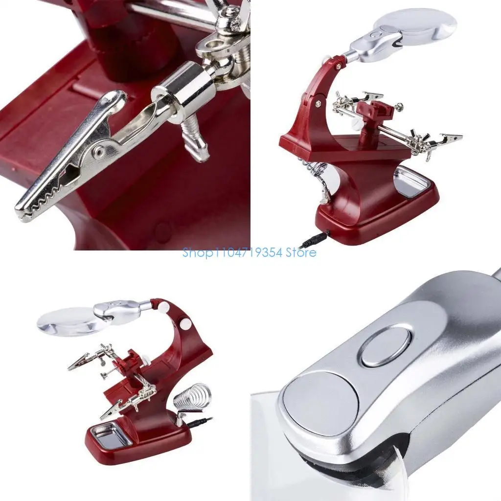 0XLD Helping Hand Clip LED Soldering Iron Jewelry Stand Lens Magnifier Red