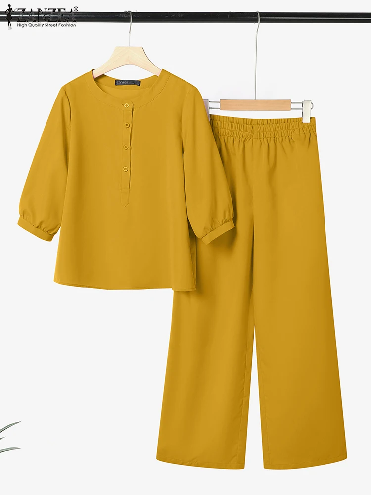 

2025 модная рабочая одежда, комплекты костюмов, женские весенние брюки, блузка с рукавами 3/4, брюки до щиколотки, повседневные одинаковые комплекты из 2 предметов ZANZEA