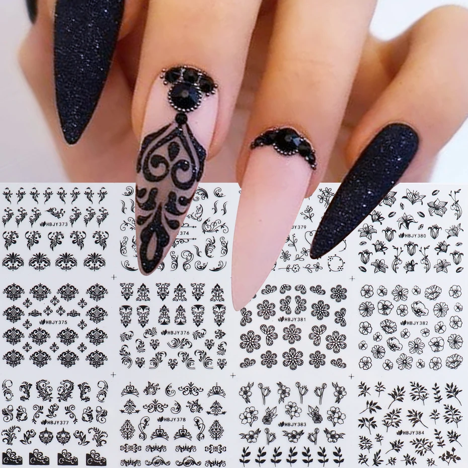 12pcs Black White Lace Flower Nail Stickers 3D Decals Leaves Love Heart Geometry Luxury Sliders Decorations Manicure JIHBJY-1