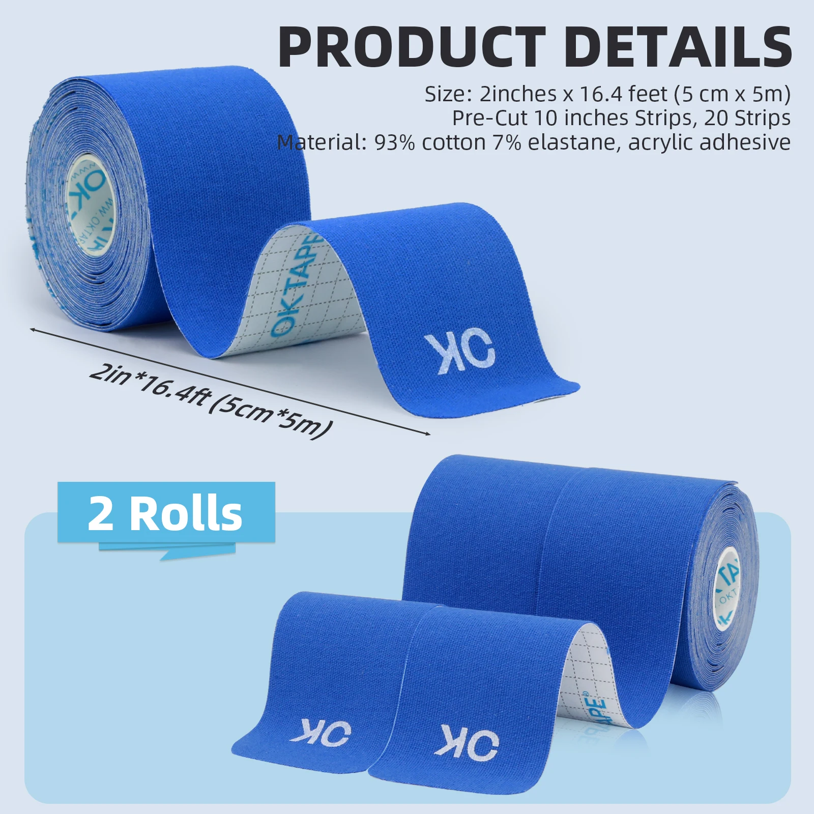 2 Rolls OK TAPE Updated Kinesiology Tape, New Packaging 5cm x 5m, 25cm Precut 20 Strips, Cotton Elastic Athletic Tape Latex Free