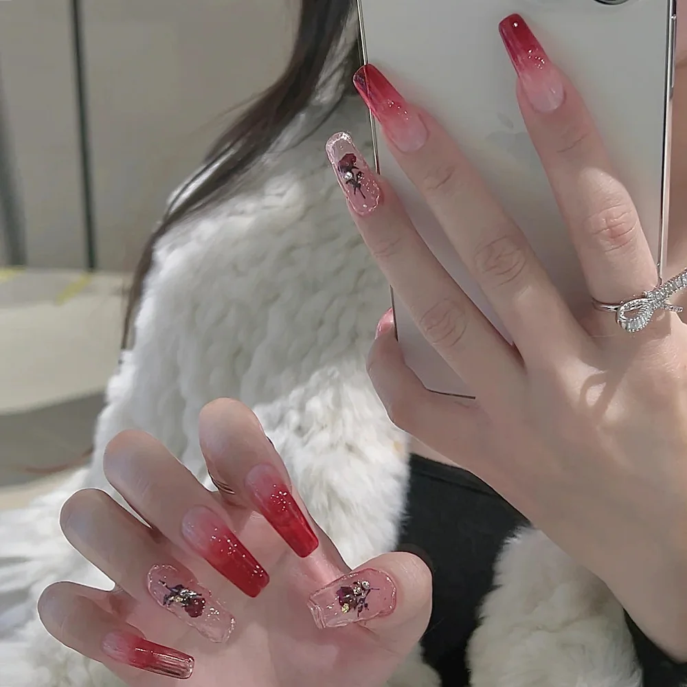 Long Ballerina False Nails with Designs Gradient Blood Red Fake Nails Press On Nails French Coffin Rose Flower Nail Tips