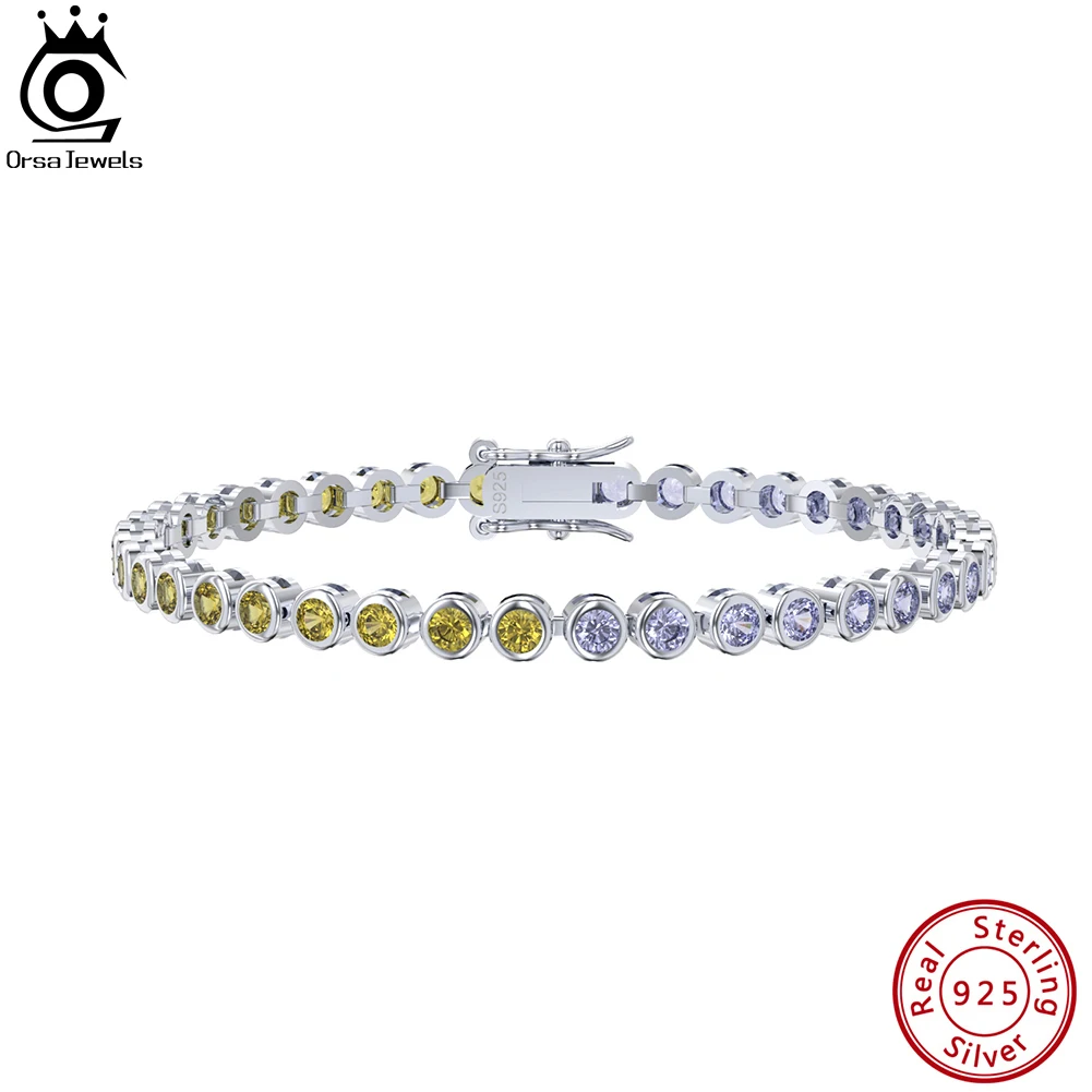 

ORSA JEWELS 925 Sterling Silver 3.0mm Yellow&Clear Tennis Bracelet Bazel Setting CZ Chain Bracelet for Women Jewelry SB155