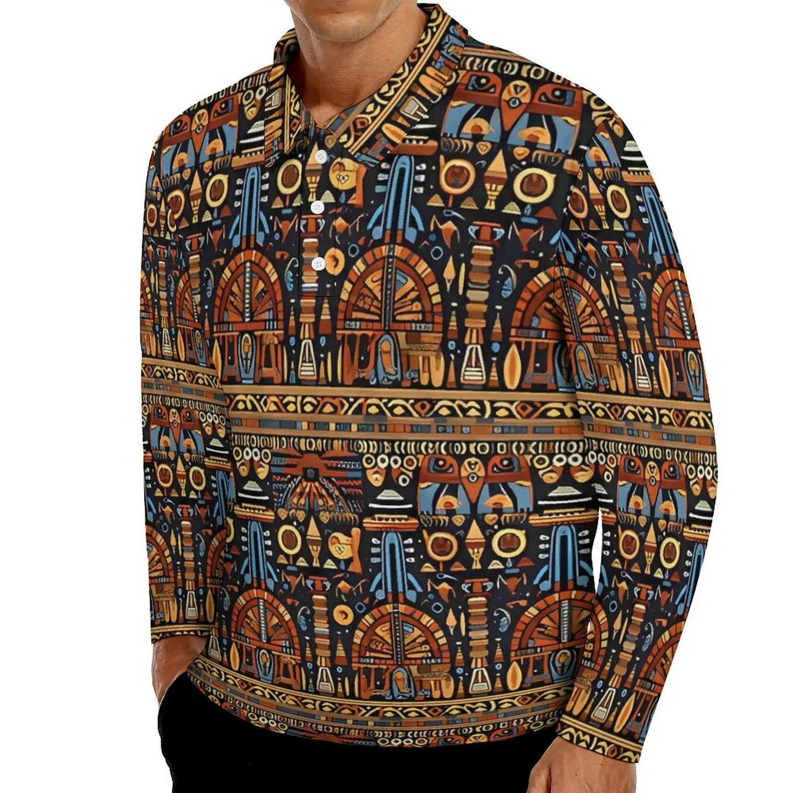 Ancient Egyptian Art  Pattern Polo Shirt Spring  Casual Shirt Long Sleeve Turn-Down Collar Streetwear Graphic Oversize T-Shirts