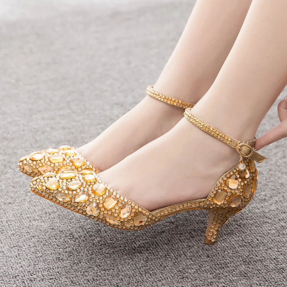 Summer Women Pumps Sandals Fashion Leather Champagne Gold Water Diamond Wedding PU 7.5 CM Thin Heels  Party Dance  Woman Shoe