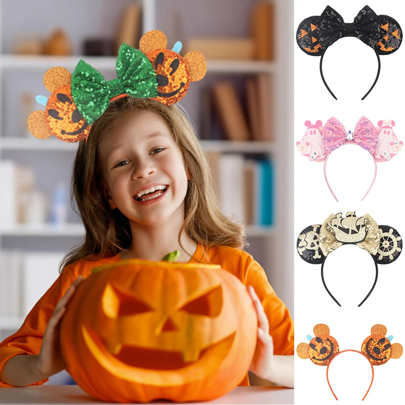Diadema con orejas de Disney para niños, diadema de dibujos animados, fantasma de Halloween, Pirata, diadema de Mickey Mouse, decoración de calabaza, accesorios para el cabello de fiesta