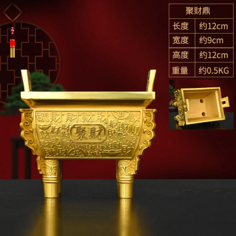

Bronze Incense Burner Ornament Pure Copper Square Wealth Gathering Dragon Brass Tripod Prosperous Th