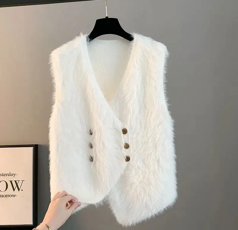Chaleco de punto holgado para mujer, cárdigan, nuevo suéter de piel sintética de visón, chaleco, prendas de vestir exteriores para primavera, Otoño e Invierno