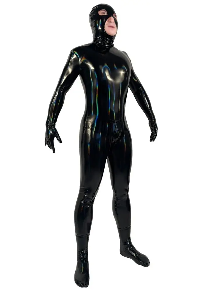 M-4XL Mens Laser Colorful Wet Look Catsuit Shiny PU Leather Bodysuit Tights Cosplay Leotard Conjoined Unitard Jumpsuit Shapers