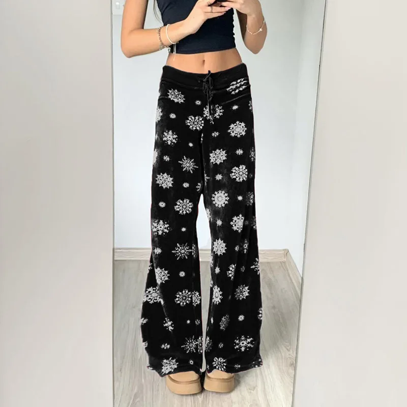 Sifreyr Velvet Baggy Pants Women Fashion Contrast Color Low Waist Drawstring Straight Trousers Streetwear Y2k Fairy Grunge Pants