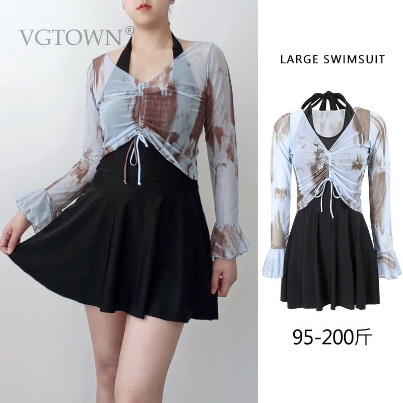 2026 New Plus Size L-8XL  Korean 2pcs Swimwear Dress Trummy Control One PieceSwimsuit Long Sleeve Bathing Suit Sexy Beachwear