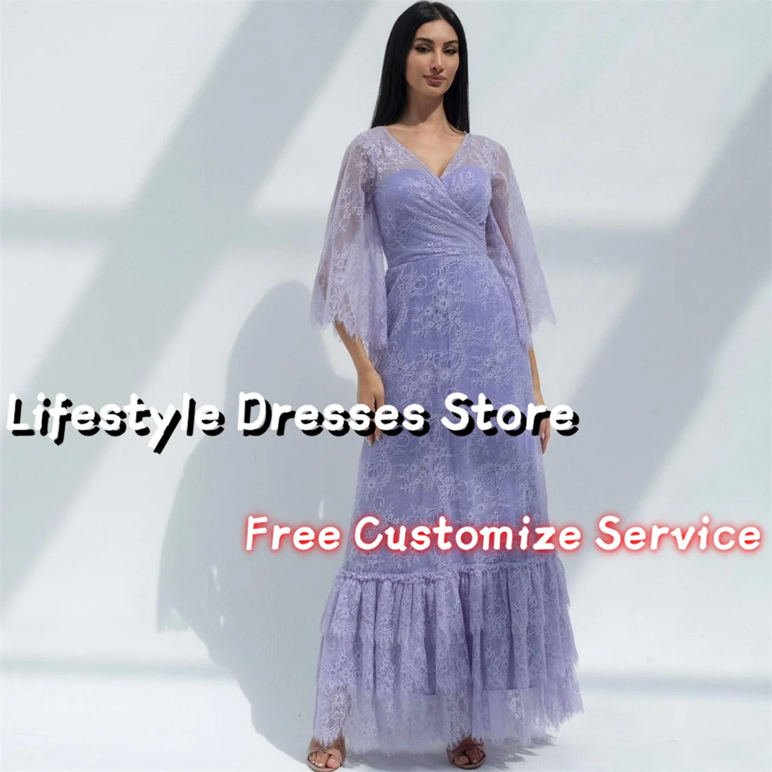 

V-Neck Lace Prom Dresses Long Flare Sleeve Lilac Evening Dress Elegant Party Gown Pleated Formal Dress