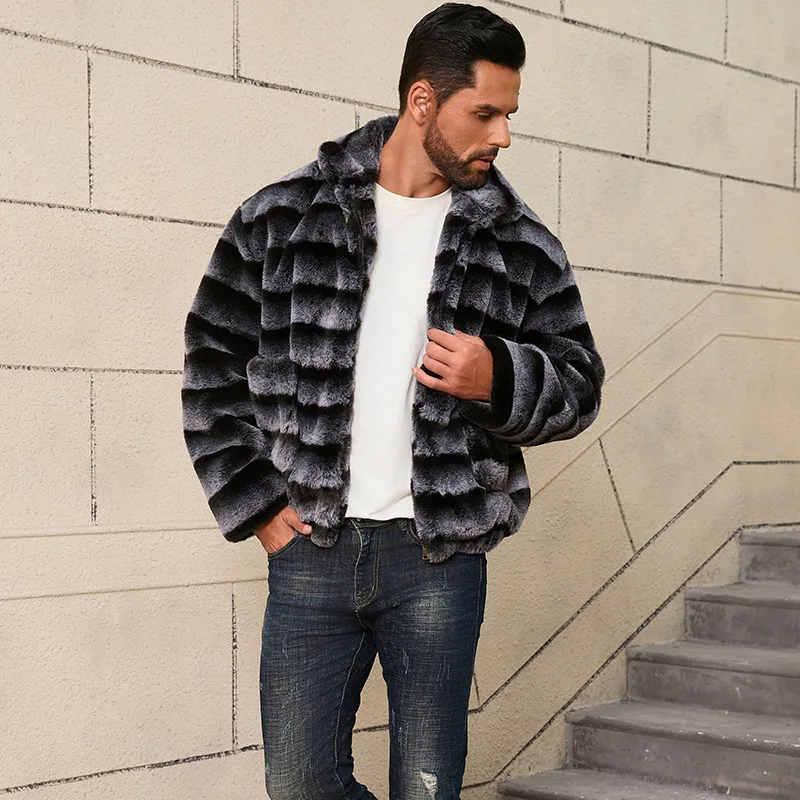 Men Fur Coat Winter Bomber Jacket Rabbit Fur Coat Luxury High Quality Faux Fur Jacket Zip Outerwear Stripe Short Tops Trendy New