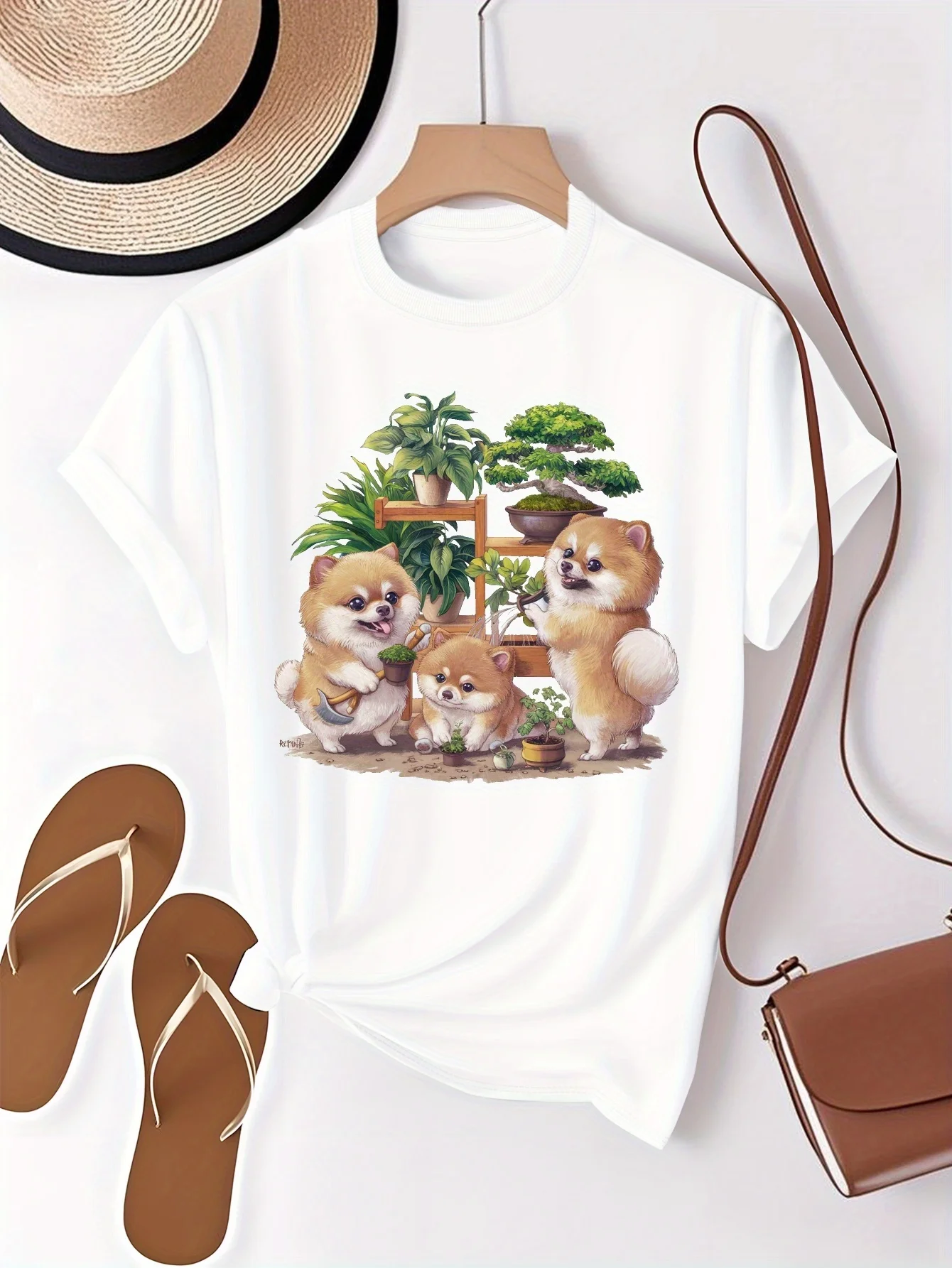 Pomeranian Dog Care Plant Print Spring/Summer/Autumn Round Neck T-shirt Fashion Leisure Sports Commuting Vacation Short Sleeves
