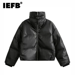 IEFB High Street Men's Padded Jackets Casual PU Leather Stand Collar Zipper Thickened Solid Color Loose Male Cotton Coat CPG2308