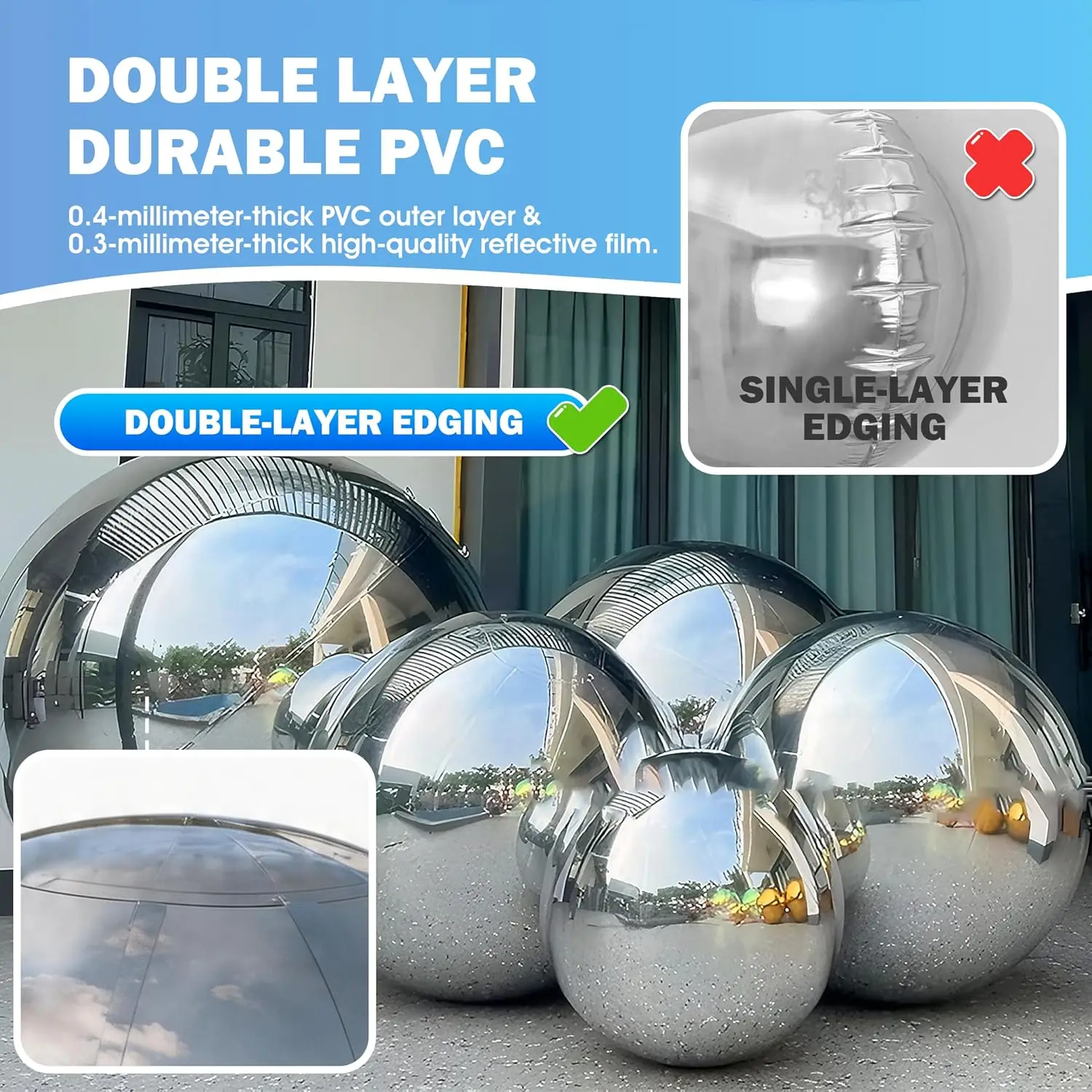 Inflatable Mirror Ball Set, Silver Giant Shinny Mirror Balls, Reusable Inflatable Disco Balloons,Quick-Inflate PVC Bubble Balloo