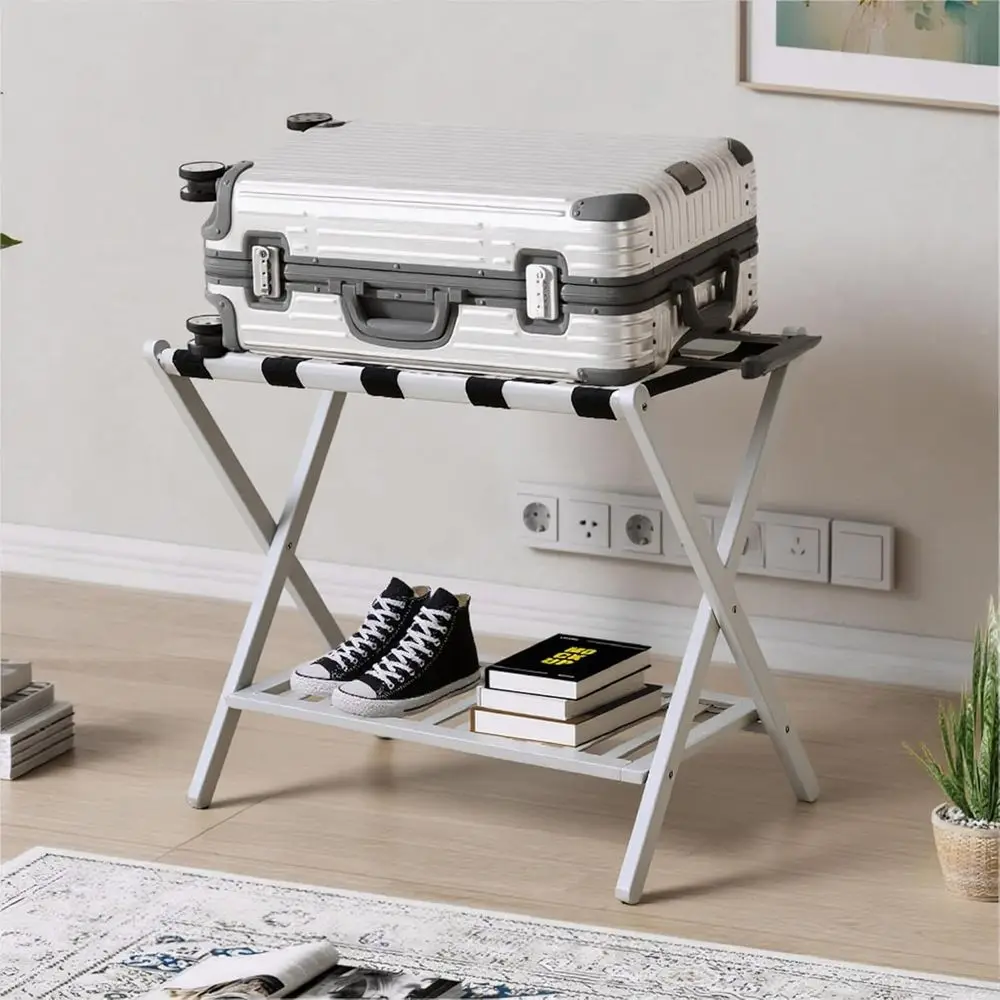 Porta valigia pieghevole in bambù con ripiano per scarpe e 5 cinghie per stanze degli ospiti, soggiorni e hotel - Bianco