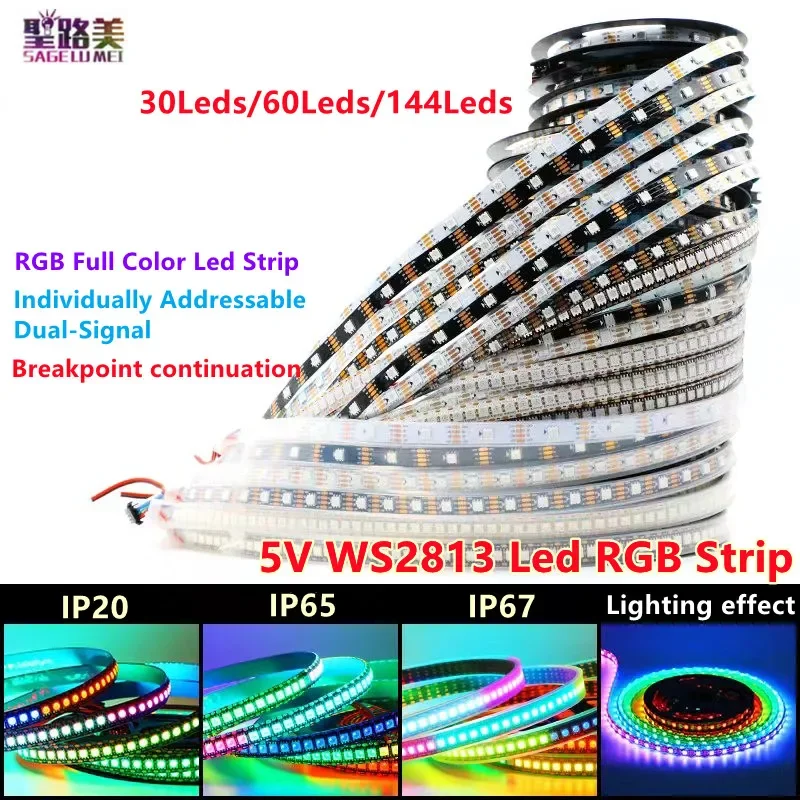 DC5V/12V WS2811 WS2812 WS2813 /2815 Pixels Led Strip 30/60/144Led Individually Addressable Dual-Signal Full Color Led Tape Light