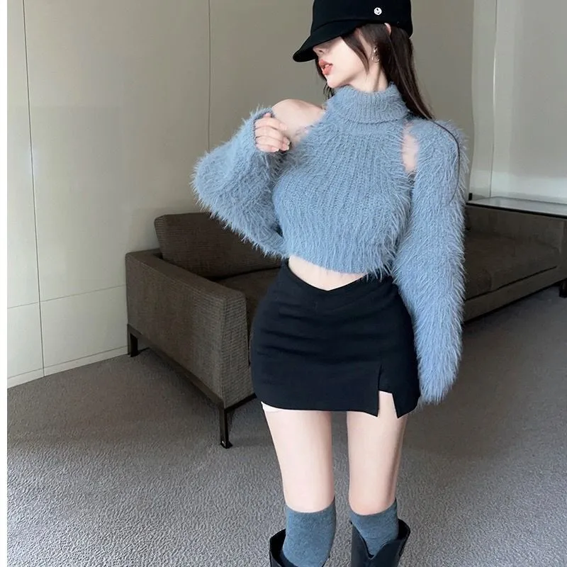 Korean style Long-sleeved Cardigans Vest  Femme Autumn New Womens Loose Casual Capes Sweater Solid Knitwears Tops Two-Piece Set