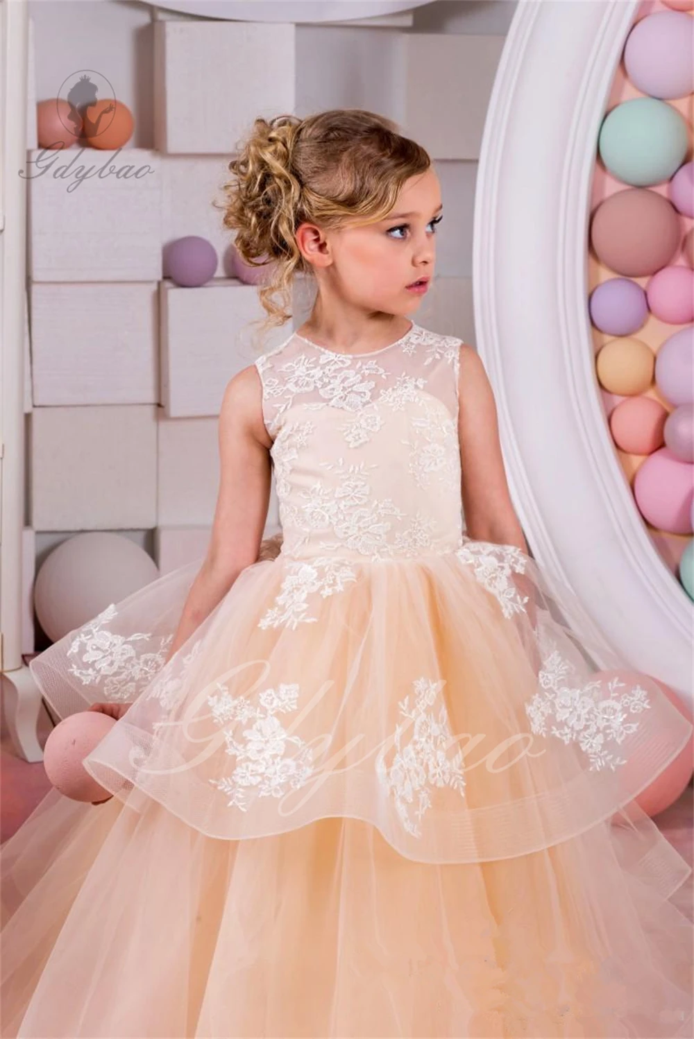 

Tulle Flower Girl Dress For Wedding Lace O-neck Sleeveless Applique Puffy Ruffles Princess Birthday First Communion Ball Gown